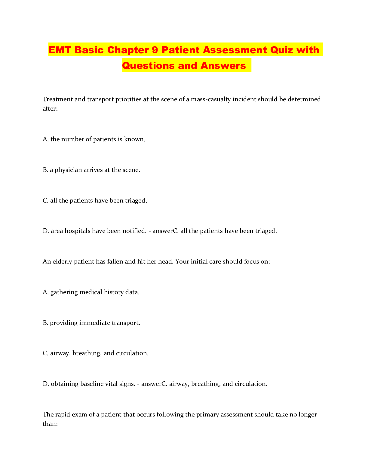 EMT Basic Chapter 9 Patient Assessment Quiz with Questions and Answers